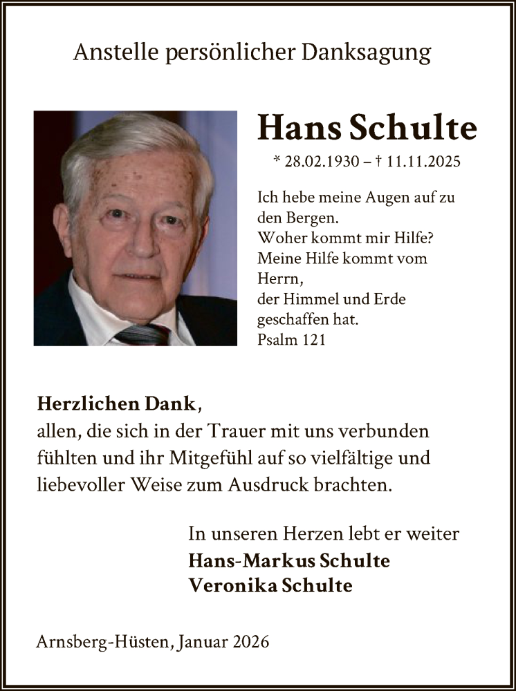  Traueranzeige für Hans Schulte vom 24.01.2026 aus HASK