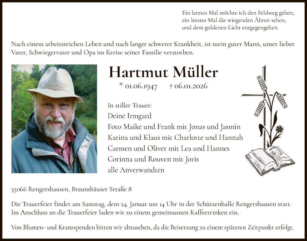  Traueranzeige für Hartmut Müller vom 17.01.2026 aus HASK