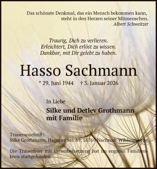 Traueranzeige von Hasso Sachmann von HALN
