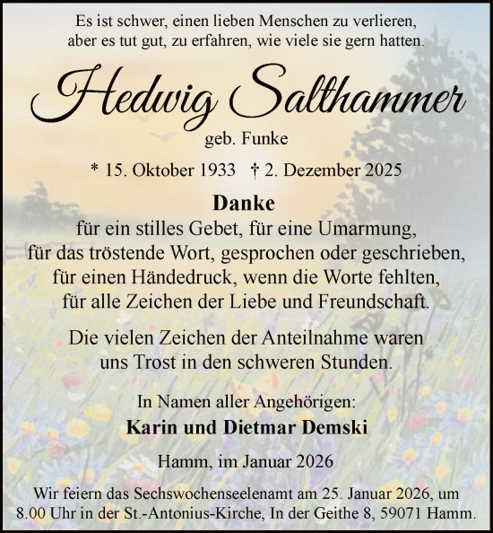Traueranzeige von Hedwig Salthammer von HAWA