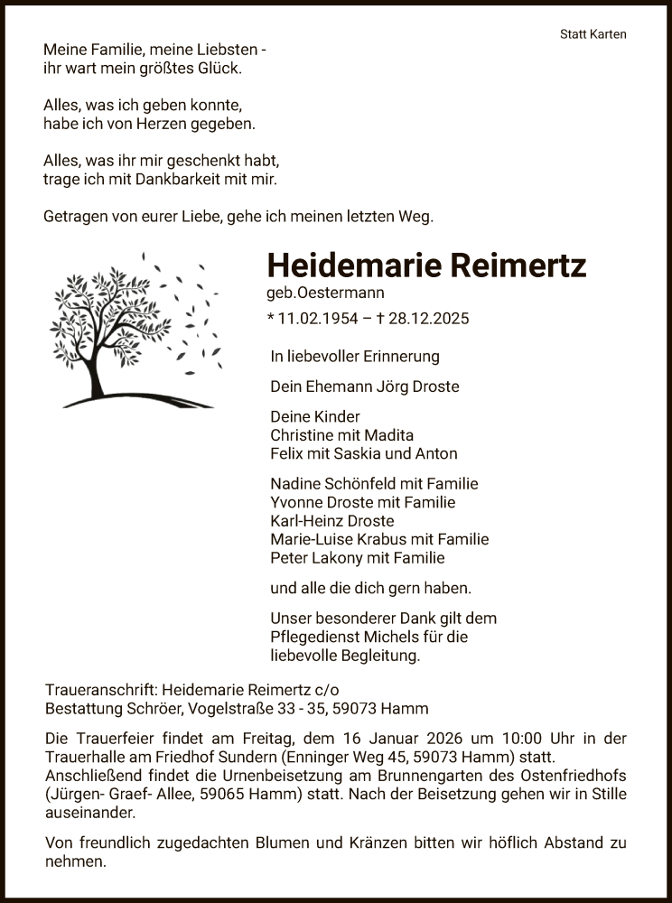  Traueranzeige für Heidemarie Reimertz vom 10.01.2026 aus HAWA