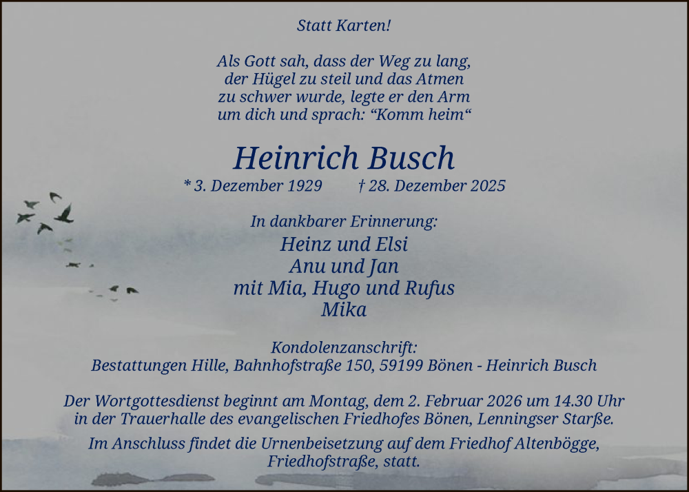  Traueranzeige für Heinrich Busch vom 10.01.2026 aus HAWA