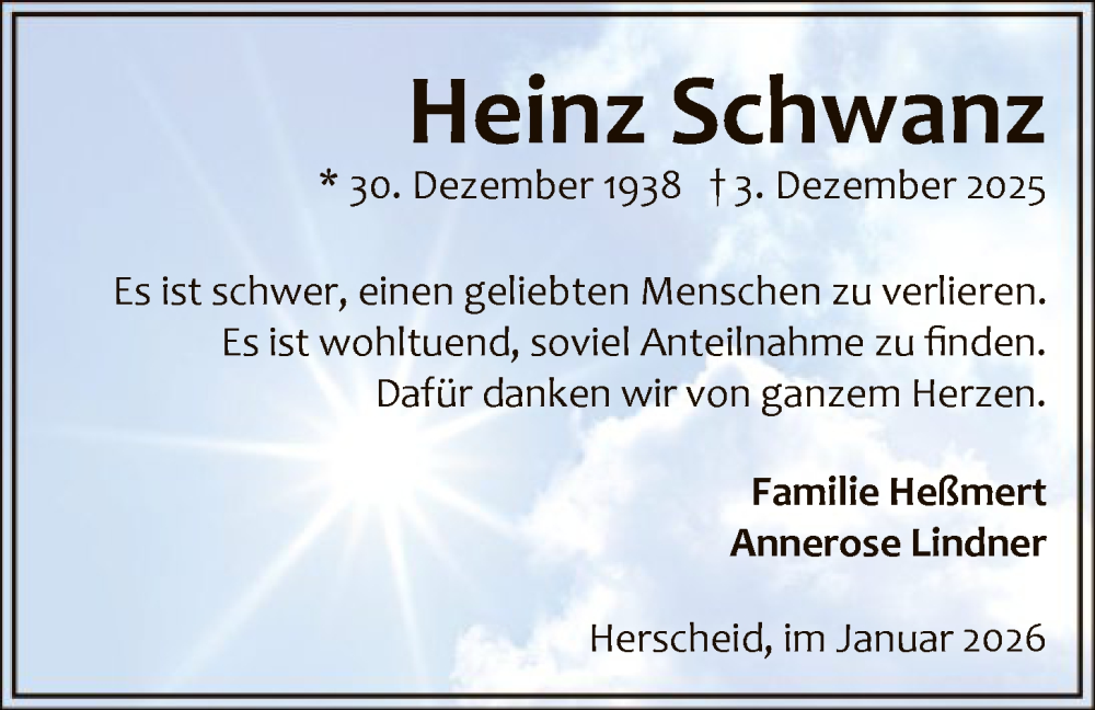  Traueranzeige für Heinz Schwanz vom 19.01.2026 aus HALN