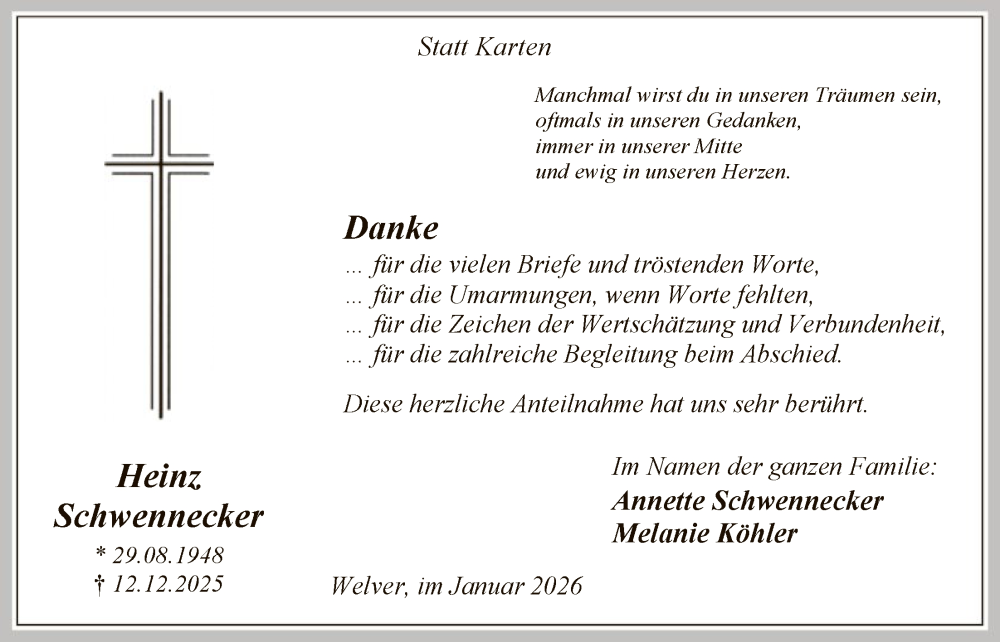  Traueranzeige für Heinz Schwennecker vom 24.01.2026 aus HASO