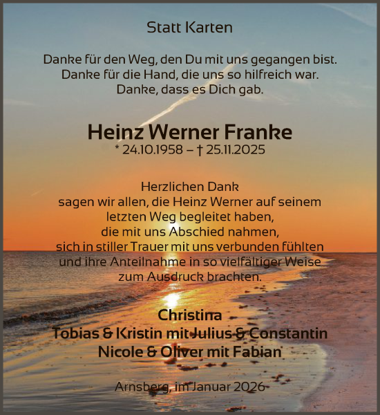Traueranzeige von Heinz Werner Franke von HASK
