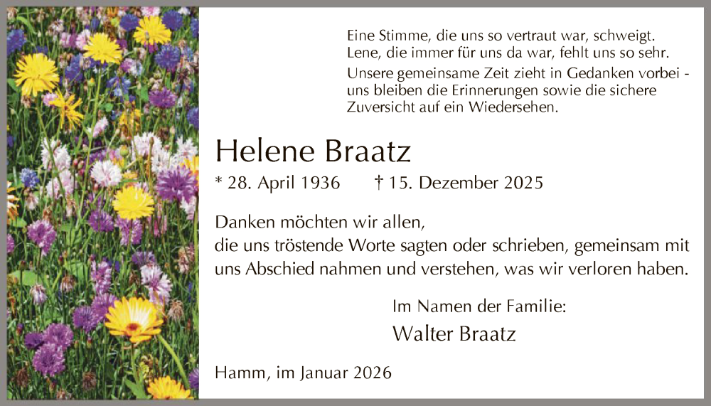  Traueranzeige für Helene Braatz vom 24.01.2026 aus HAWA