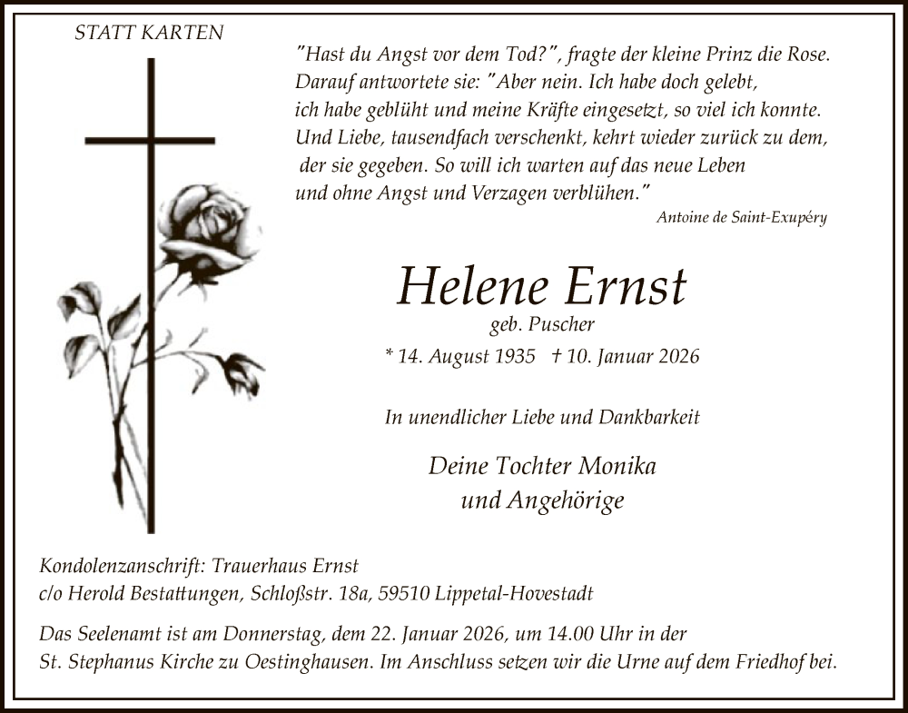  Traueranzeige für Helene Ernst vom 17.01.2026 aus HASO