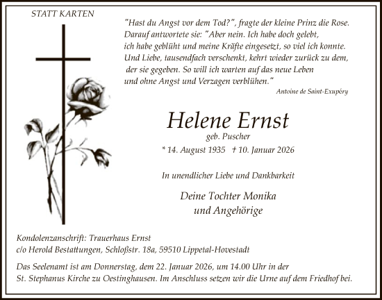 Traueranzeige von Helene Ernst von HASO