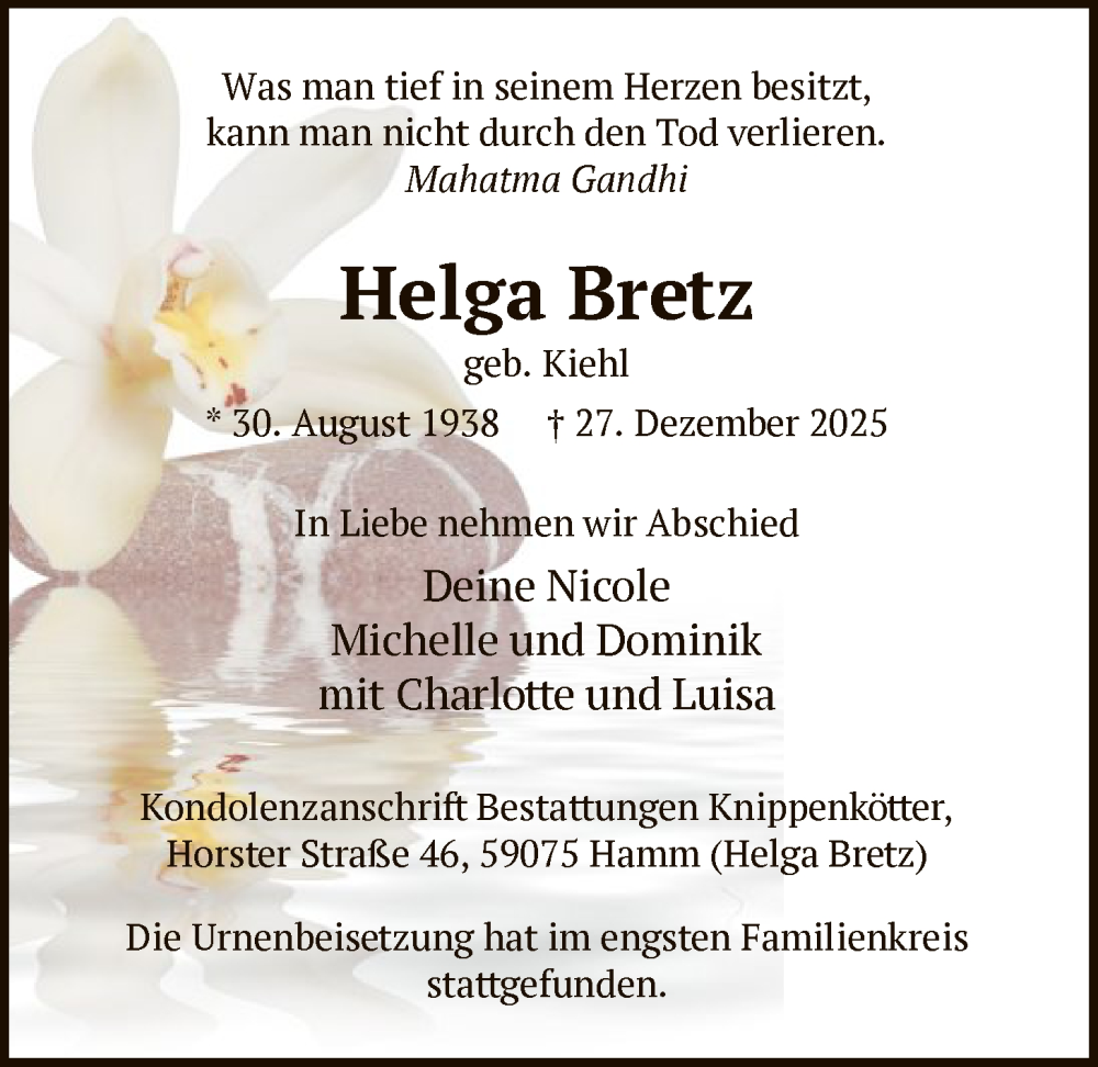  Traueranzeige für Helga Bretz vom 15.01.2026 aus HAWA