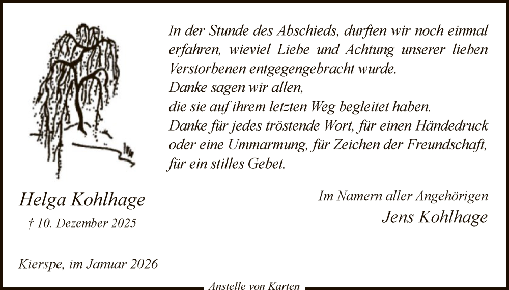  Traueranzeige für Helga Kohlhage vom 17.01.2026 aus HALN