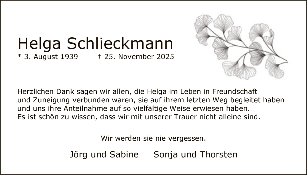  Traueranzeige für Helga Schlieckmann vom 24.01.2026 aus HASO