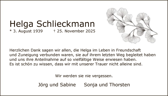 Traueranzeige von Helga Schlieckmann von HASO