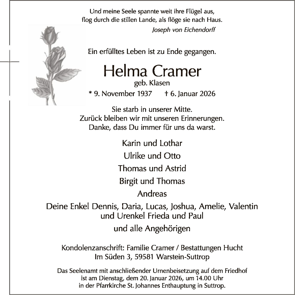  Traueranzeige für Helma Cramer vom 12.01.2026 aus HASO