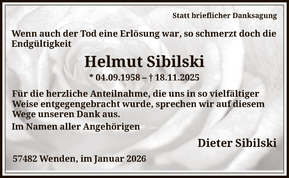  Traueranzeige für Helmut Sibilski vom 17.01.2026 aus HASK