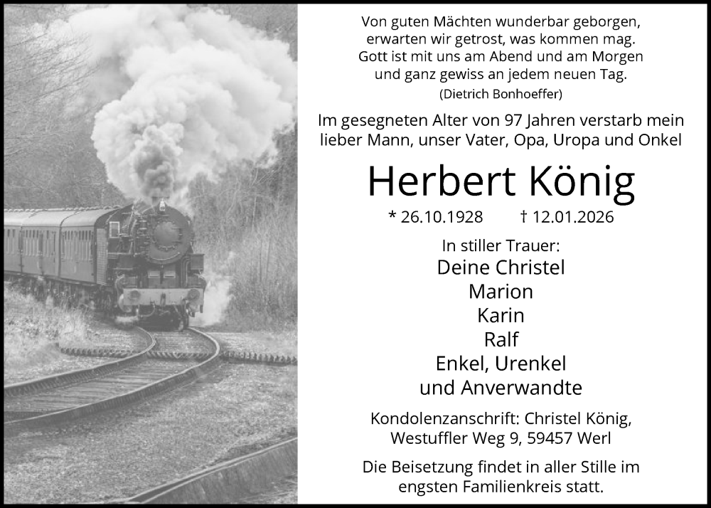  Traueranzeige für Herbert König vom 17.01.2026 aus HASO