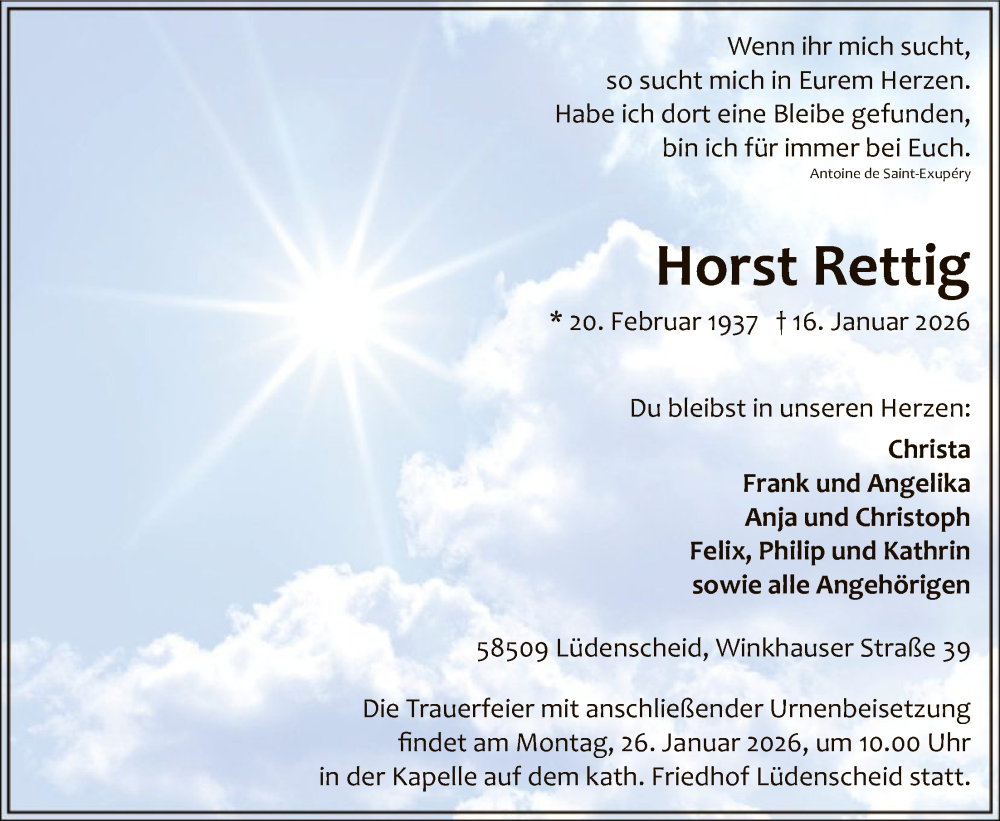  Traueranzeige für Horst Rettig vom 20.01.2026 aus HALN