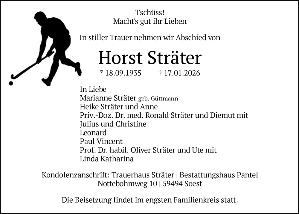  Traueranzeige für Horst Sträter vom 24.01.2026 aus HASO