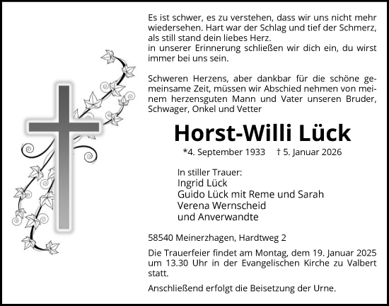 Traueranzeige von Horst-Willi Lück von HALN
