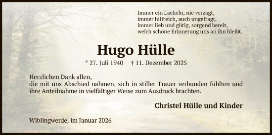 Traueranzeige von Hugo Hülle von HALN