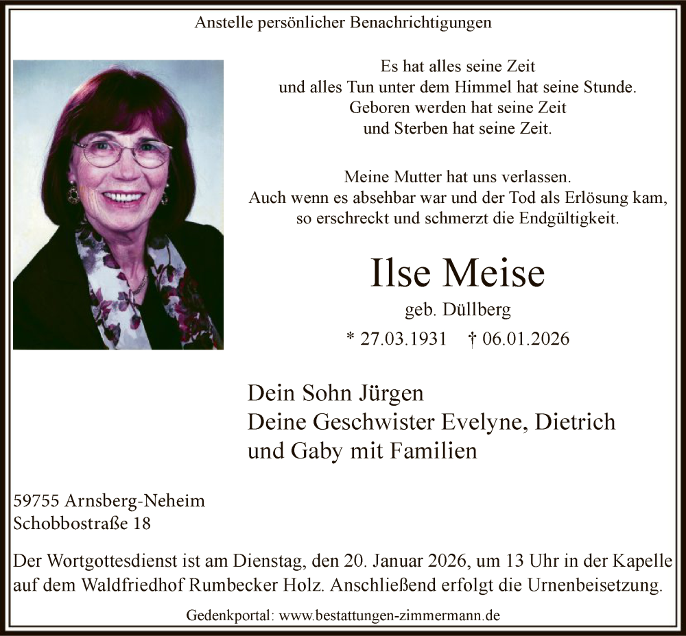  Traueranzeige für Ilse Meise vom 17.01.2026 aus HASK