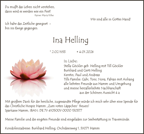 Traueranzeige von Ina Helling von HAWA