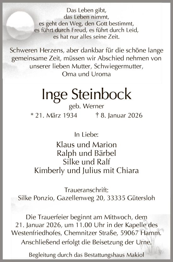 Traueranzeige von Inge Steinbock von HAWA