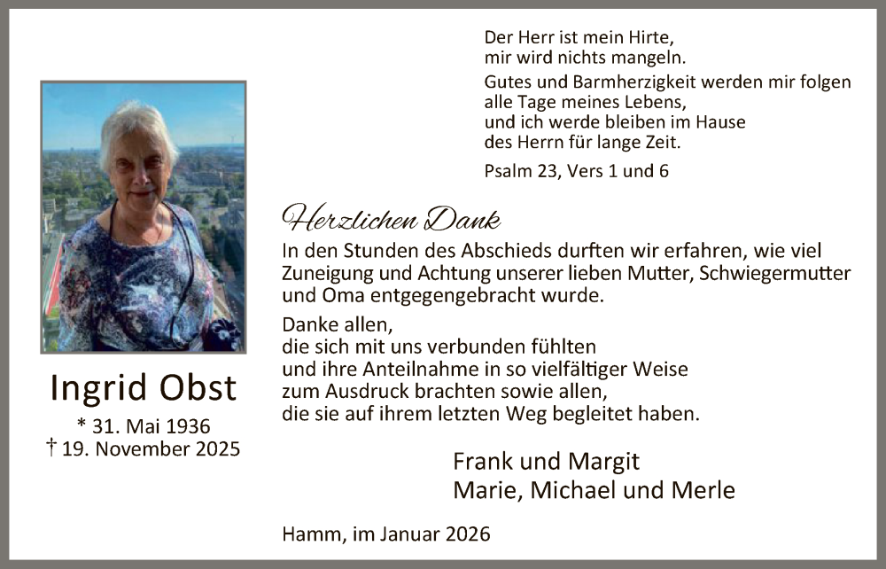  Traueranzeige für Ingrid Obst vom 10.01.2026 aus HAWA