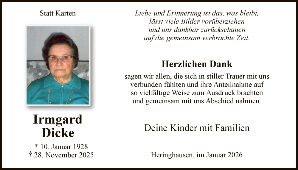  Traueranzeige für Irmgard Dicke vom 17.01.2026 aus HASK