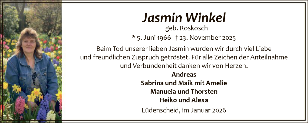  Traueranzeige für Jasmin Winkel vom 17.01.2026 aus HALN