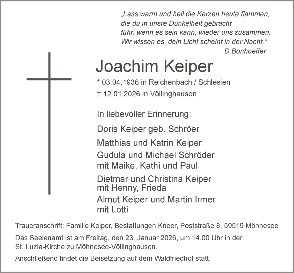  Traueranzeige für Joachim Keiper vom 17.01.2026 aus HASO
