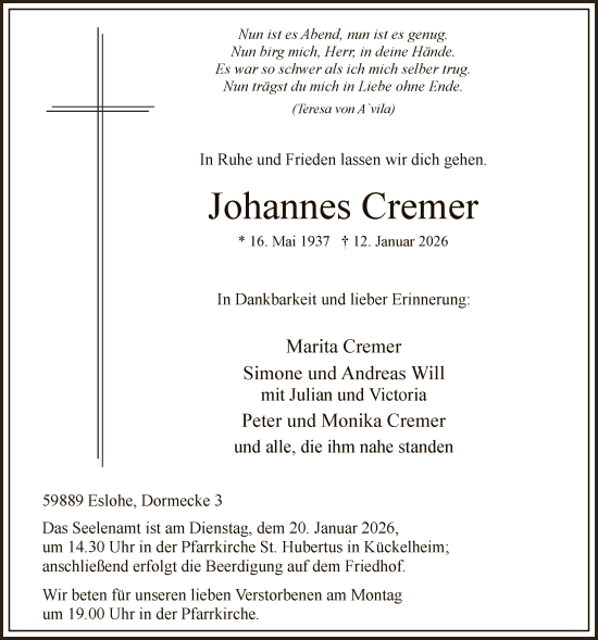 Traueranzeige von Johannes Cremer von HASK