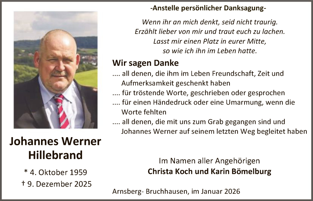  Traueranzeige für Johannes Werner Hillebrand vom 17.01.2026 aus HASK
