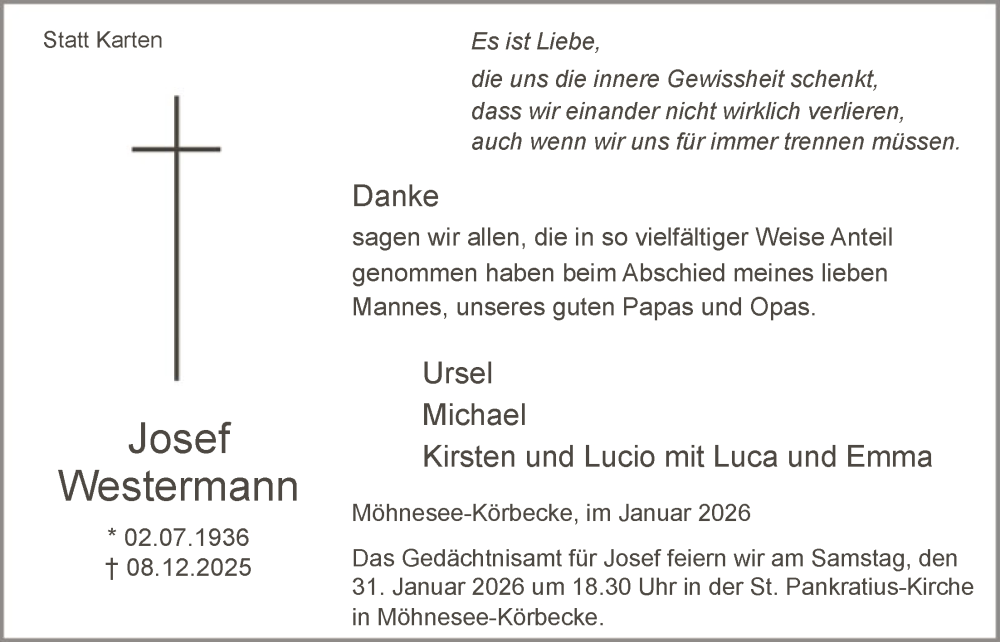  Traueranzeige für Josef Westermann vom 24.01.2026 aus HASO