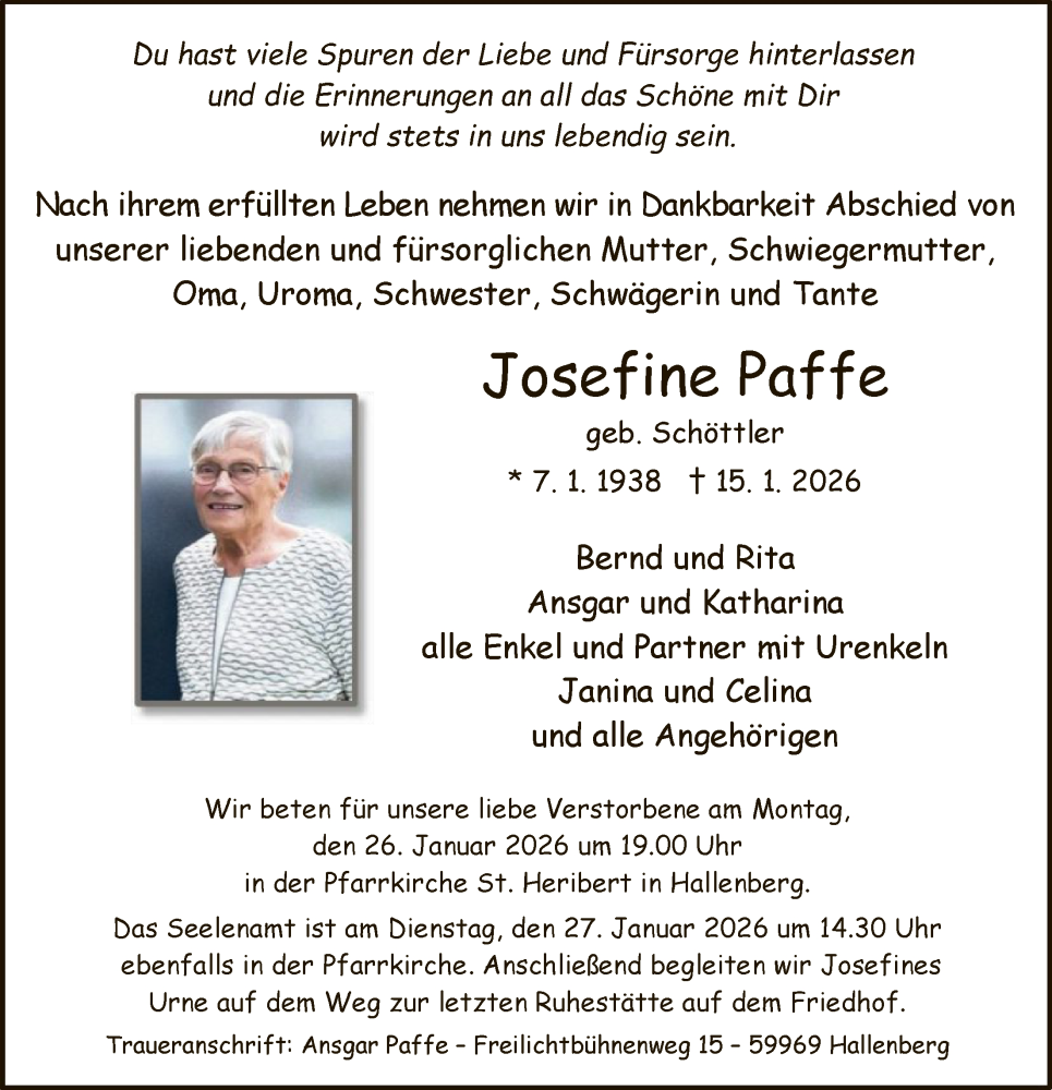  Traueranzeige für Josefine Paffe vom 24.01.2026 aus HASK