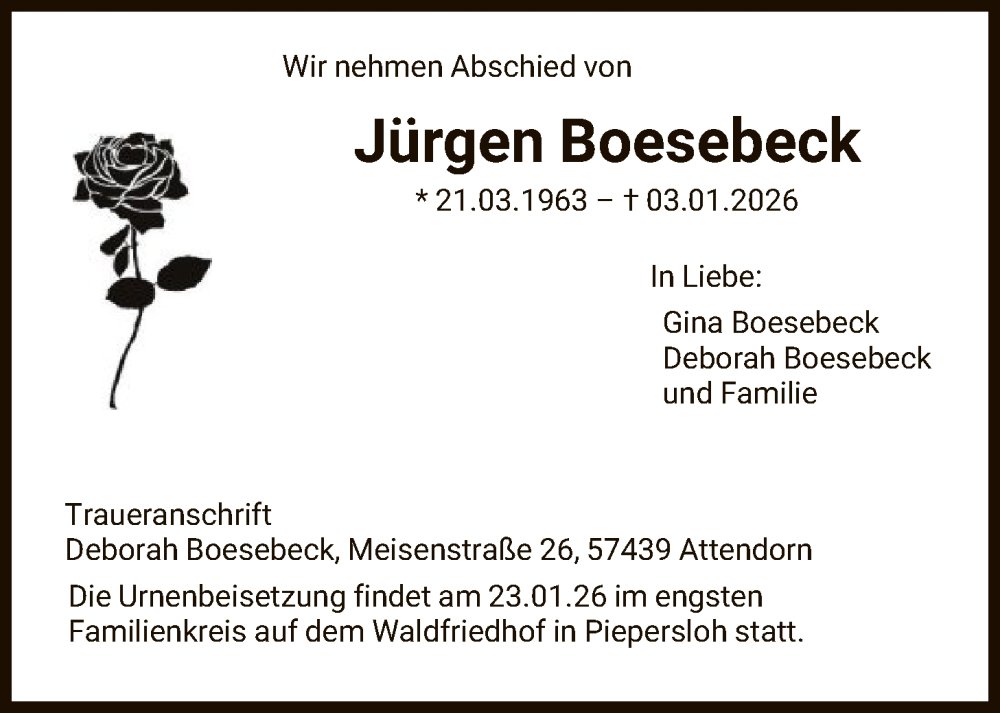  Traueranzeige für Jürgen Boesebeck vom 17.01.2026 aus HASK