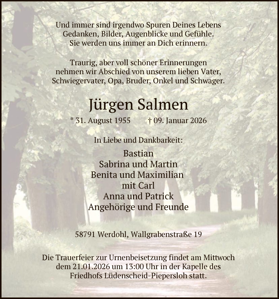  Traueranzeige für Jürgen Salmen vom 17.01.2026 aus HALN
