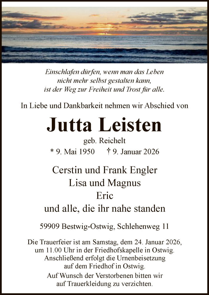  Traueranzeige für Jutta Leisten vom 17.01.2026 aus HASK