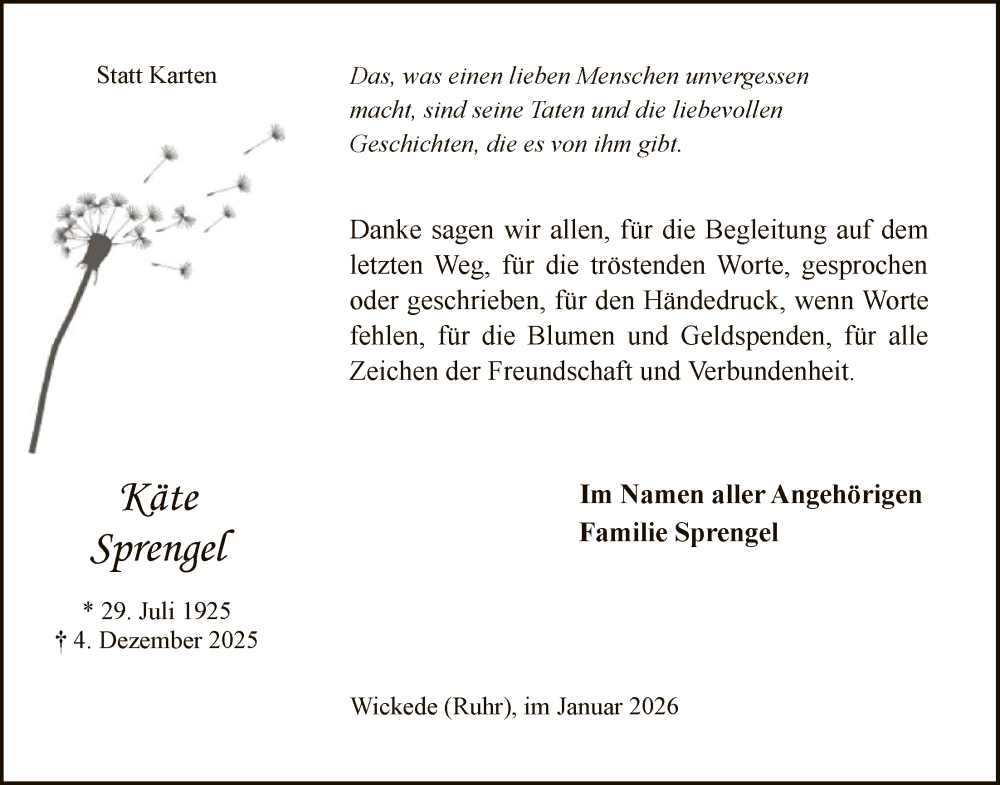  Traueranzeige für Käte Sprengel vom 17.01.2026 aus HASO