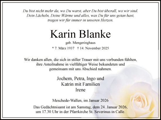 Traueranzeige von Karin Blanke von HASK