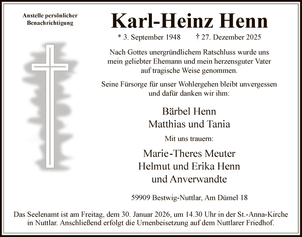  Traueranzeige für Karl-Heinz Henn vom 24.01.2026 aus HASK