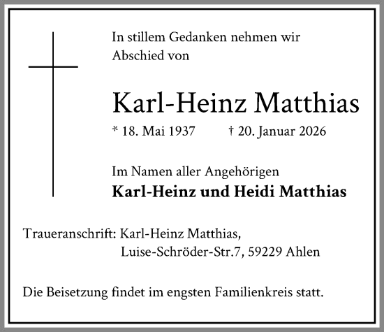Traueranzeige von Karl-Heinz Matthias von HAWA