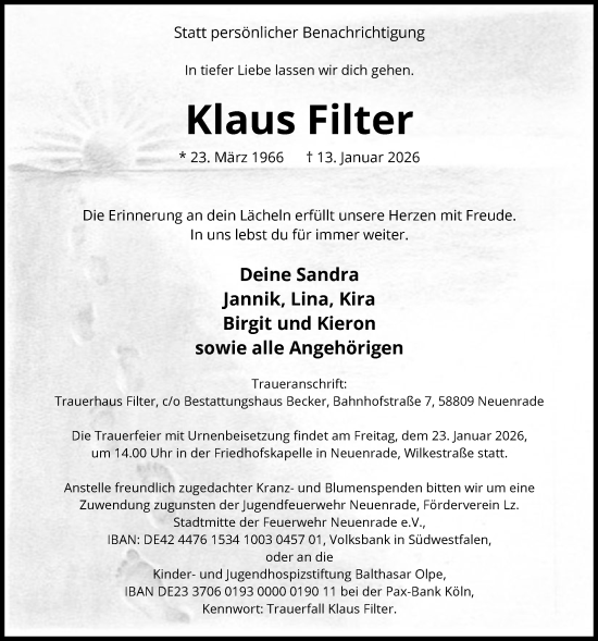 Traueranzeige von Klaus Filter von HALN