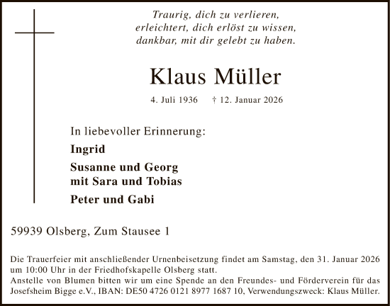 Traueranzeige von Klaus Müller von HASK