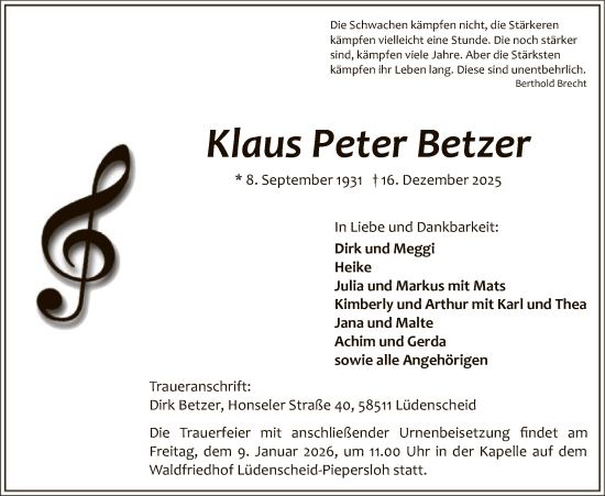 Traueranzeige von Klaus Peter Betzer von HALN