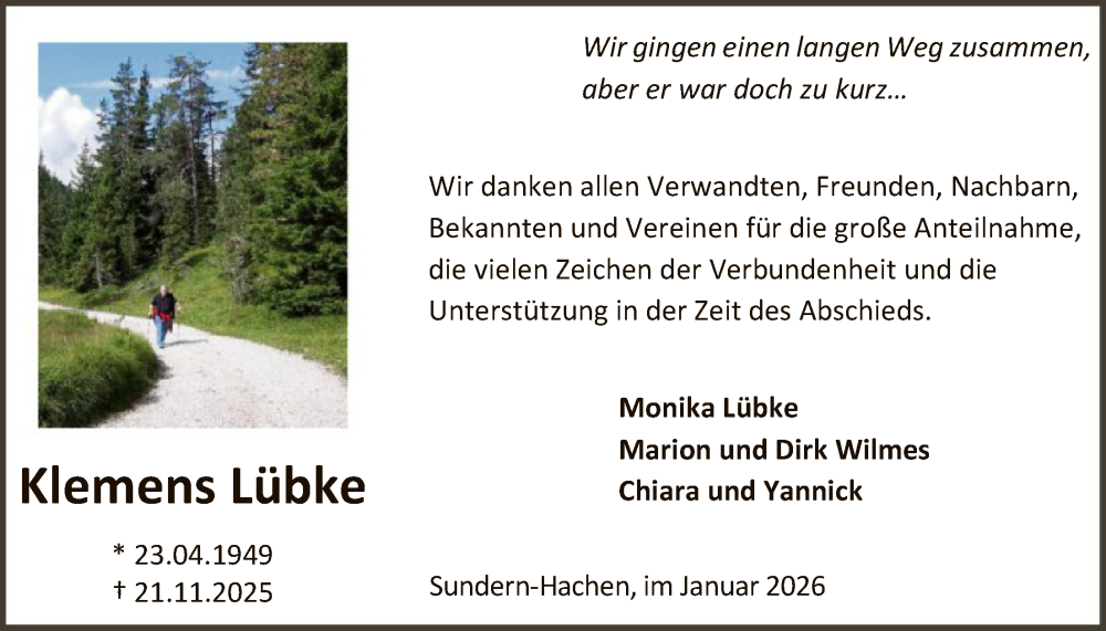  Traueranzeige für Klemens Lübke vom 24.01.2026 aus HASK