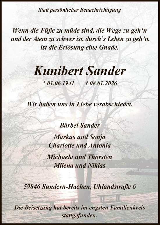 Traueranzeige von Kunibert Sander von HASK
