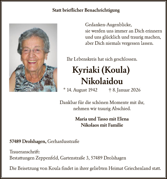Traueranzeige von Kyriaki Nikolaidou von HASK