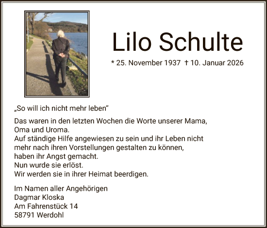 Traueranzeige von Lilo Schulte von HALN