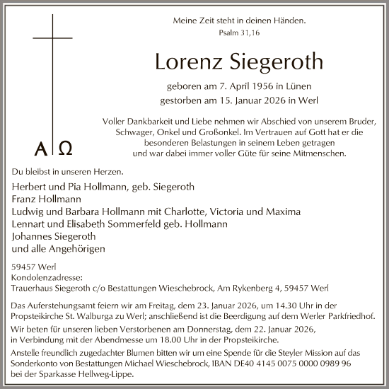 Traueranzeige von Lorenz Siegeroth von HASO