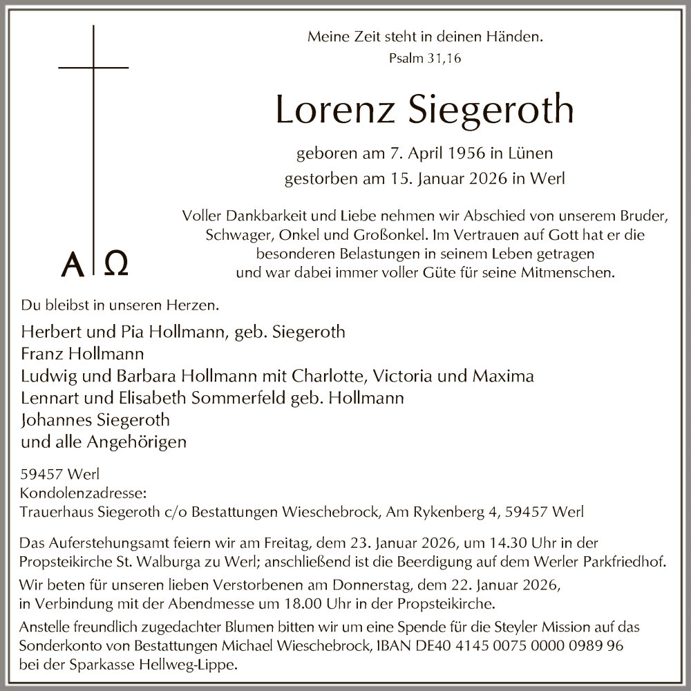  Traueranzeige für Lorenz Siegeroth vom 21.01.2026 aus HASO